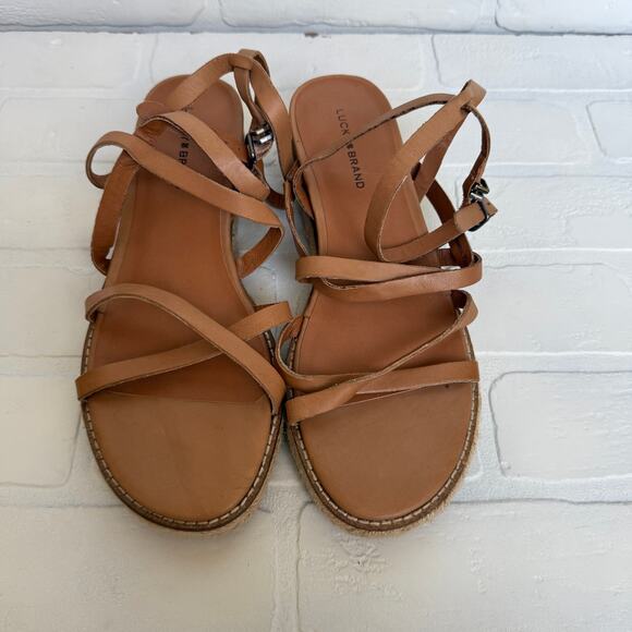 Lucky Brand Nemelli Light Tan Leather Strappy Gladiator Wedge Sandal sz 7.5 - Picture 1 of 6